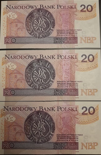 Banknoty 20 zł 2016 Bolesław Chrobry 3 kolejne numery UNC