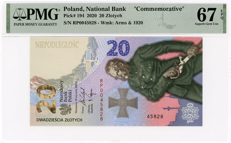 Banknot 20 zł Bitwa Warszawska 1920 2020 PMG 67 EPQ