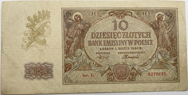 Banknot 10 złotych 1940 stan 3