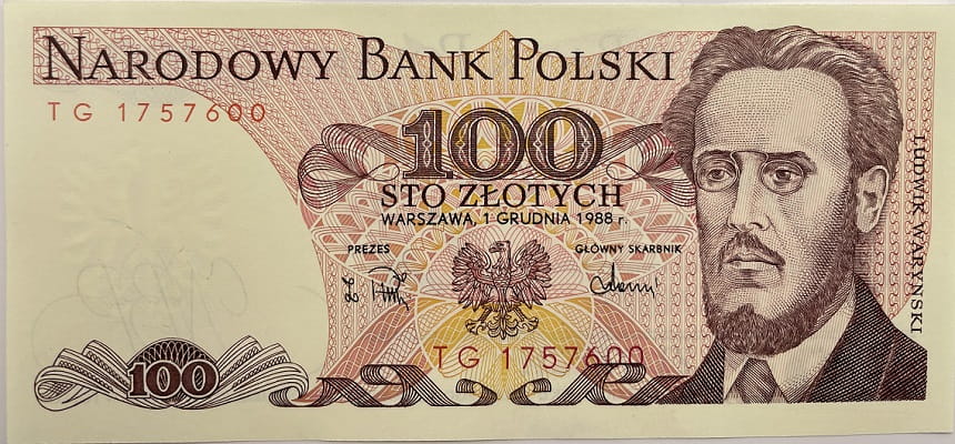 Banknot 100 zł 1988 Ludwik Waryński UNC