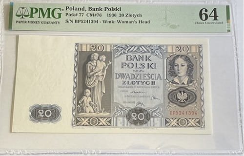 Banknot 20 złotych 1936 r. PMG 64