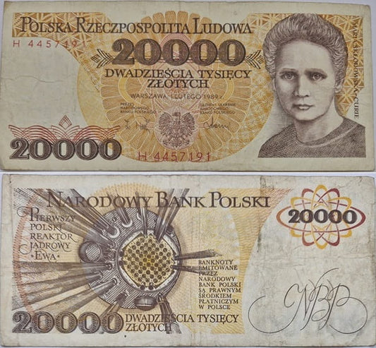 Banknot 20000 zł 1989 Maria Skłodowska-Curie stan 3