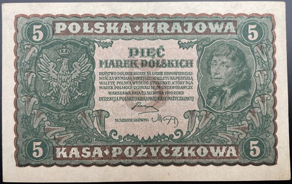 Banknot 5 marek polskich 1919 r. stan 1