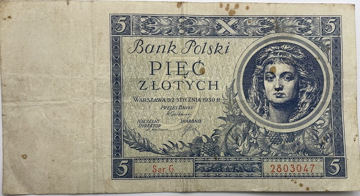 Banknot 5 złotych 1930 r. stan 3 jednoliterowa
