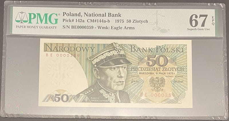 Banknot 50 złotych 1975 PMG 67 EPQ Niski numer 359