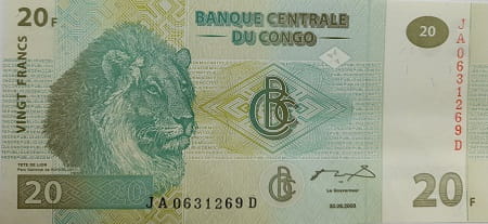 Kongo banknot 20 Franków 2003 r. UNC