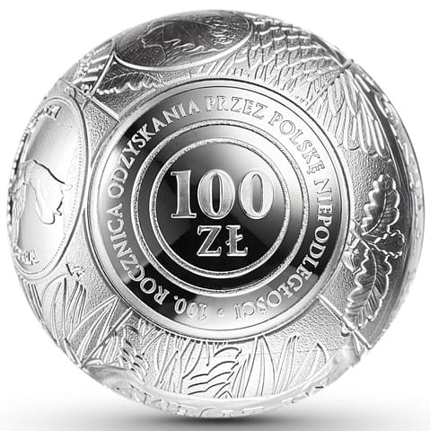 Moneta 100 zł kula 100. rocz. odzyskania niepodległości 2023 r.