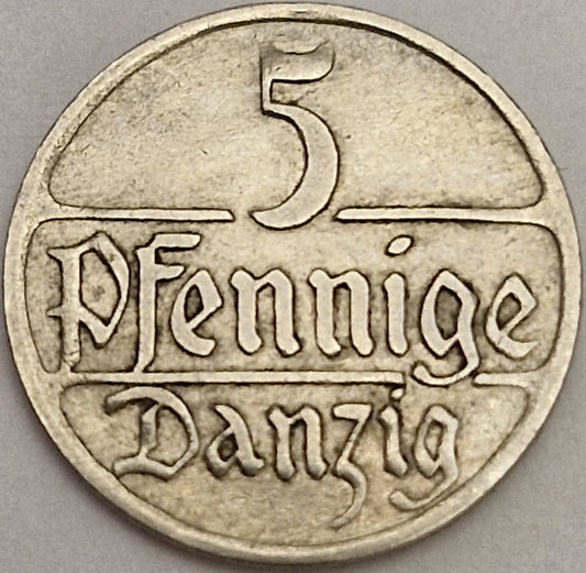 Moneta 5 fenigów 1923 Wolne Miasto Gdańsk stan 2