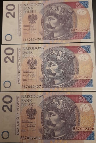 Banknoty 20 zł 2016 Bolesław Chrobry 3 kolejne numery UNC
