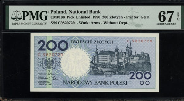 Banknot 200 złotych 1990 r. PMG 67 EPQ