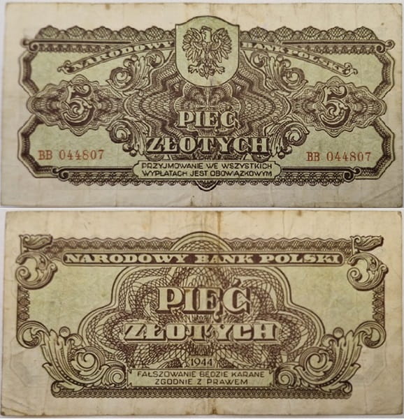 Banknot 5 zł 1944 seria lubelska "-owym"