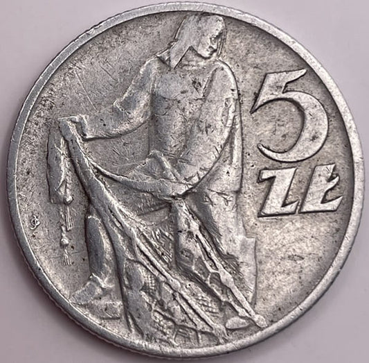 Moneta 5 zł Rybak 1958 r. stan 3 wąska "8"