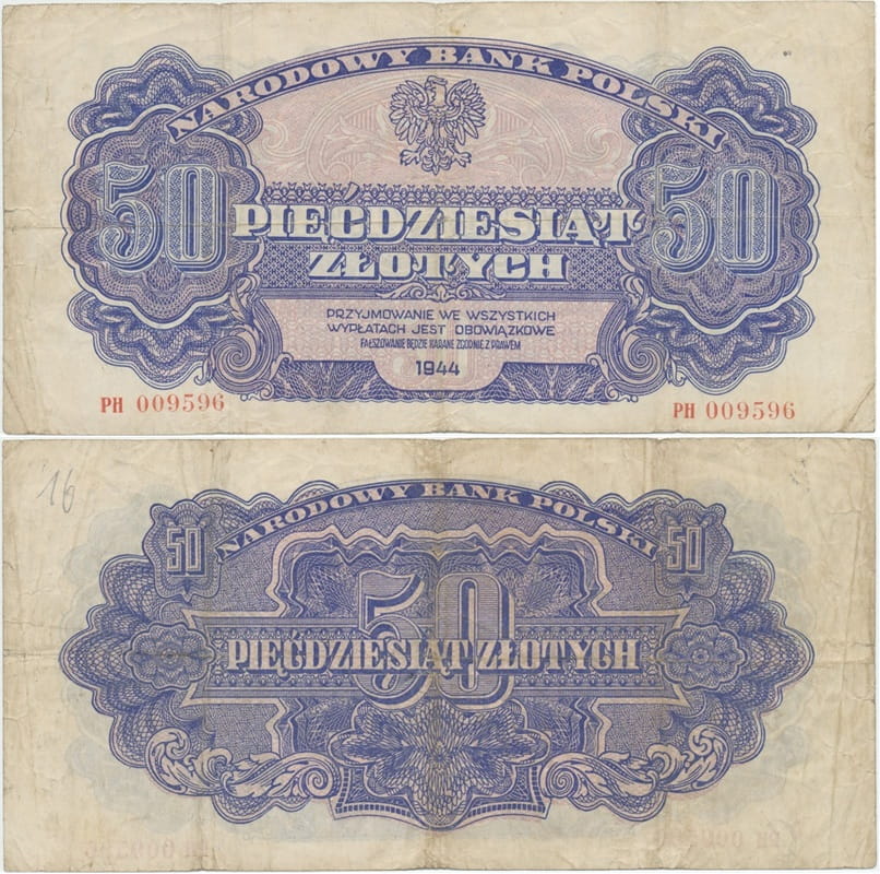 Banknot 50 zł 1944 seria lubelska "-owe" niska numeracja