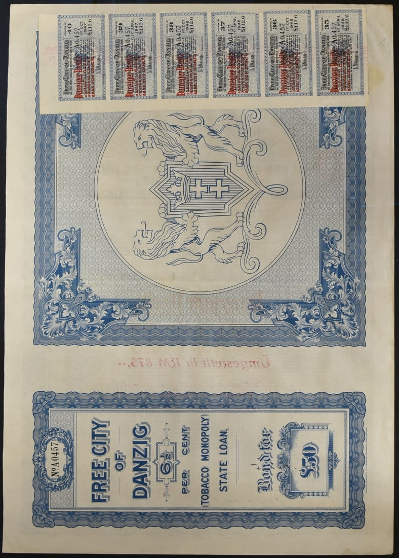 Akcja Tobacco Monopoly 50 funtów 1927 Danziger Besitz