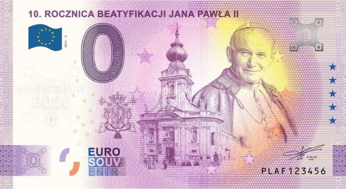 Banknot 0 euro 10 rocznica Beatyfikacji Jana Pawła II Anniversary 2021