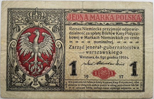 Banknot 1 marka polska 1917 r. stan 4 jenerał