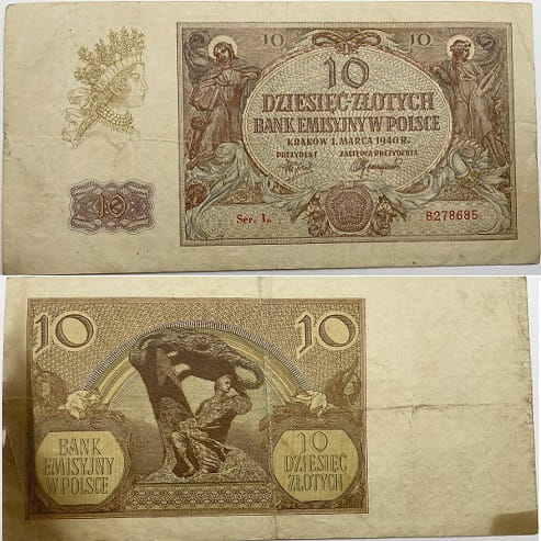 Banknot 10 złotych 1940 stan 3