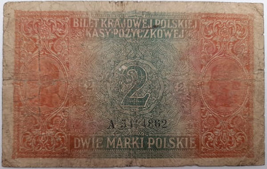 Banknot 2 marek polskich 1916 r. stan 4 jenerał