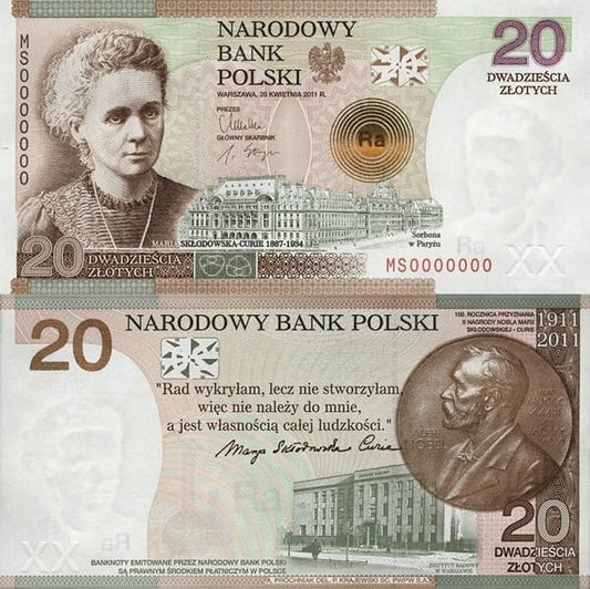 Banknot 20 zł 100 rocznica nagrody Nobla Maria Skłodowska-Curie 2011