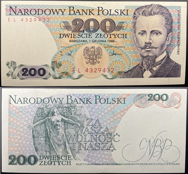 Banknot 200 zł 1988 Jarosław Dąbrowski stan 2
