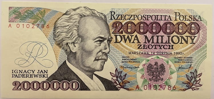 Banknot 2000000 zł Ignacy Paderewski 1992 stan 1 z błędem
