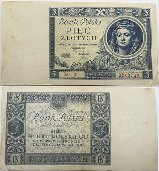 Banknot 5 złotych 1930 r. stan 3