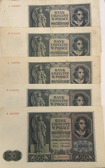 Banknot 50 zł 1941 r.  A, B, C, D, E