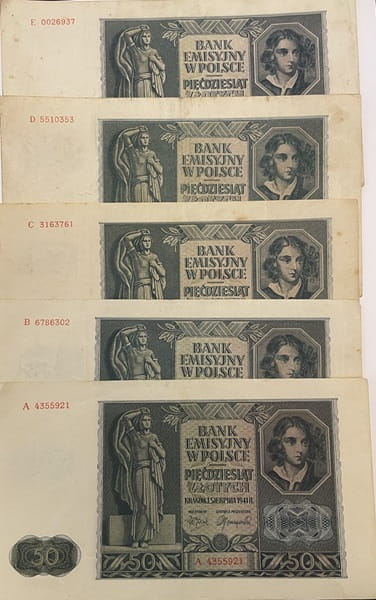 Banknot 50 zł 1941 r.  A, B, C, D, E
