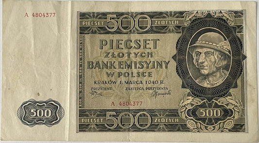 Banknot 500 zł 1940 r. stan 3
