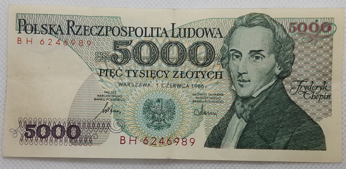 Banknot 5000 zł Fryderyk Chopin 1986 r. Błąd