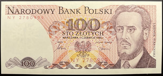 Banknot 100 zł 1986 Ludwik Waryński UNC