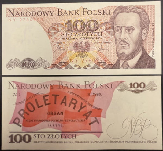 Banknot 100 zł 1986 Ludwik Waryński UNC