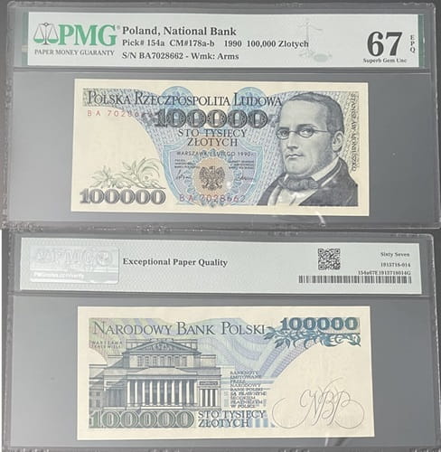 Banknot 100000 zł Moniuszko 1990 PMG 67 EPQ