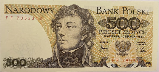 Banknot 500 zł 1982 Tadeusz Kościuszko stan 1