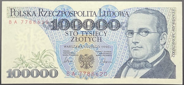 Banknot 100000 zł 1990 Moniuszko stan 1