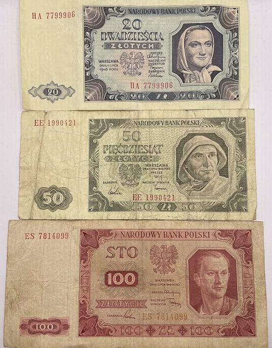 Banknoty 20 zł 50 zł 100 zł zestaw 1948