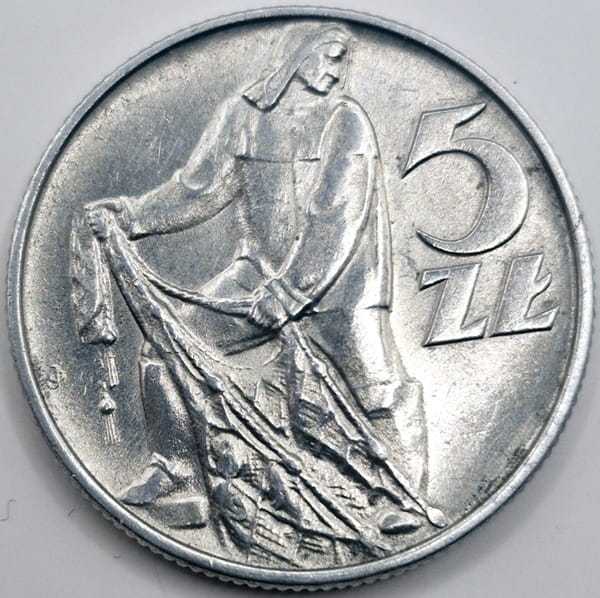 Moneta 5 zł Rybak 1974 stan 2